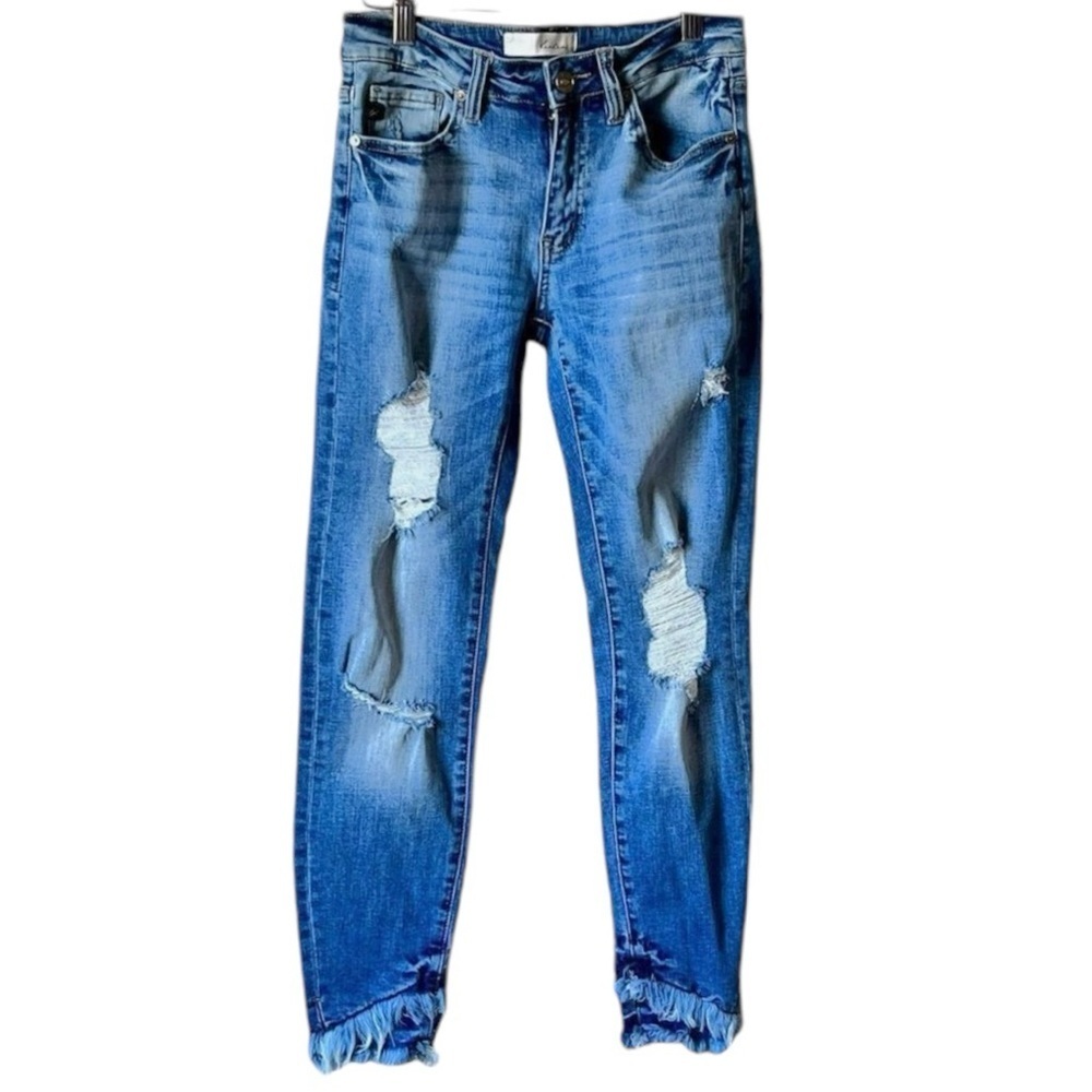 KANCAN DESTROYED DOUBLE FRAYED HEM DENIM SKINNY JEANS